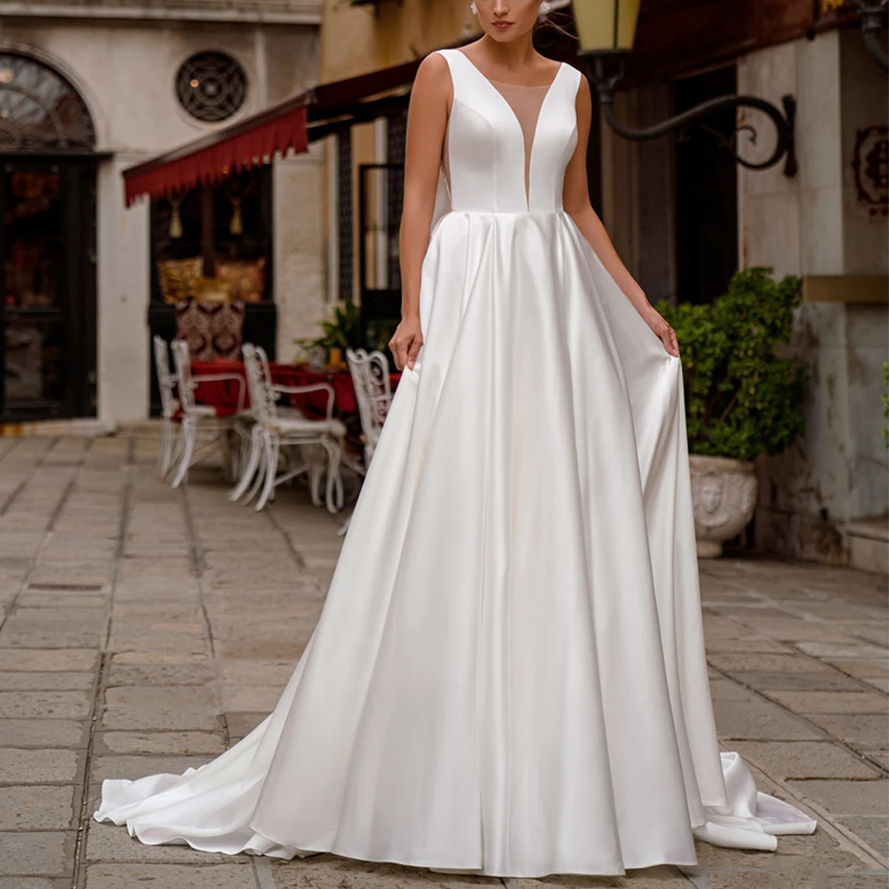 

Classic Satin A-Line Wedding Dress Bride Sleeveless Scoop Neck Sexy Open Back with Bow Floor Length Bridal Marriage Gowns