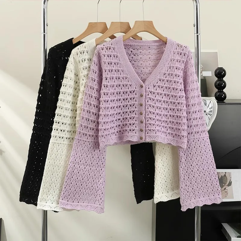 Button Front Pointelle Knit Cardigan Sheer Crochet V Neck Bell Sleeve Sweater for Women Spring Summer Casual Outfit