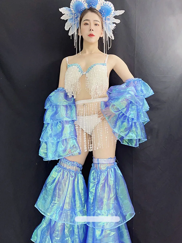 Traje de Drag Queen, traje azul para actuación en escenario, Gogo, club nocturno, fiesta, espectáculo, ropa Rave, Bikini de concha Sexy, Cosplay de sirena 4126