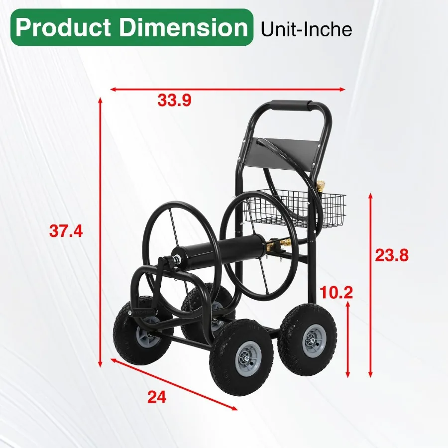 야외 정원 물주기용 중형 호스 릴 카트, 300피트 강철 호스 용량, 4개의 바퀴와 보관 바구니 포함, 잔디밭에 이상적