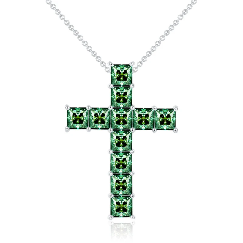 European and American hip-hop style Dark Green5.5mmPrincess Cut Moissanite Silver Plated 18kGold necklace passes diamond tester