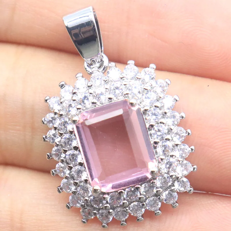 

Buy 4 Get 1 Free 30x19mm Romantic Pink Kunzite White CZ Woman's Silver Pendant