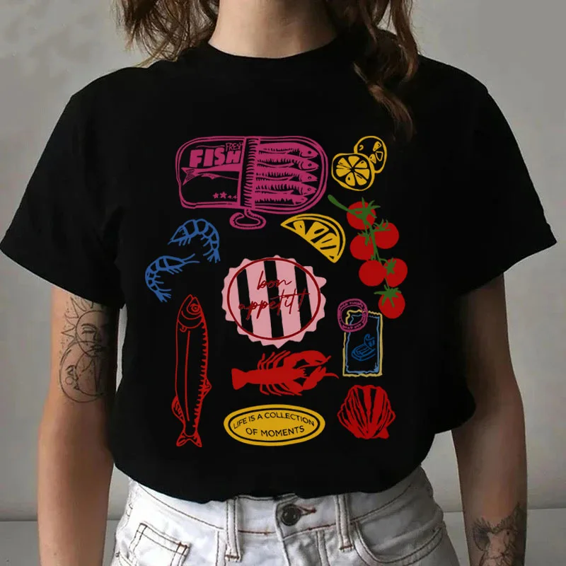 

Vintage Cotton Graphic Tops Seafood Fruit Pattern Print Tshirt Ladies' Casual Short Sleeved Loose Women T-shirt Female Clothing