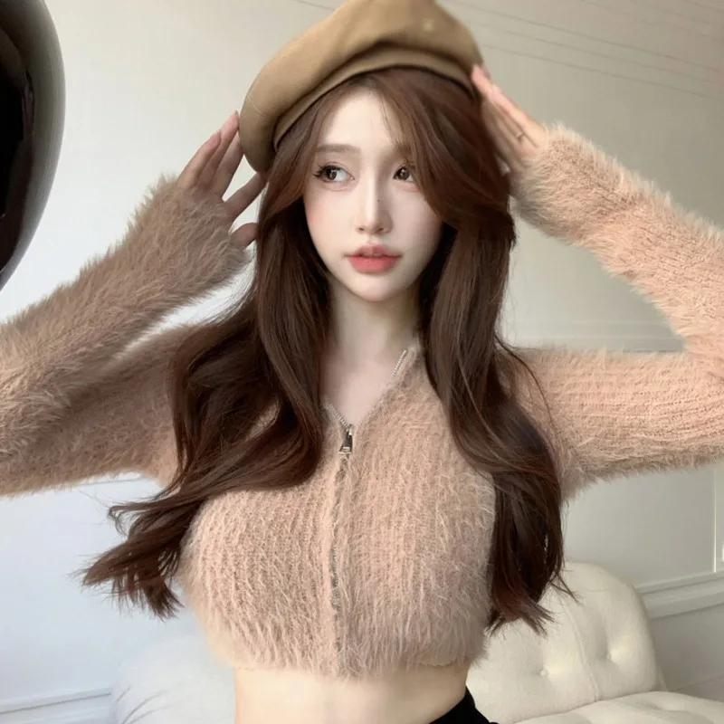 Women\'s Sweater Coat Top Knitted Cardigan Plush Off Shoulder Short Style Gentleness Mink Solid Color Zipper Design