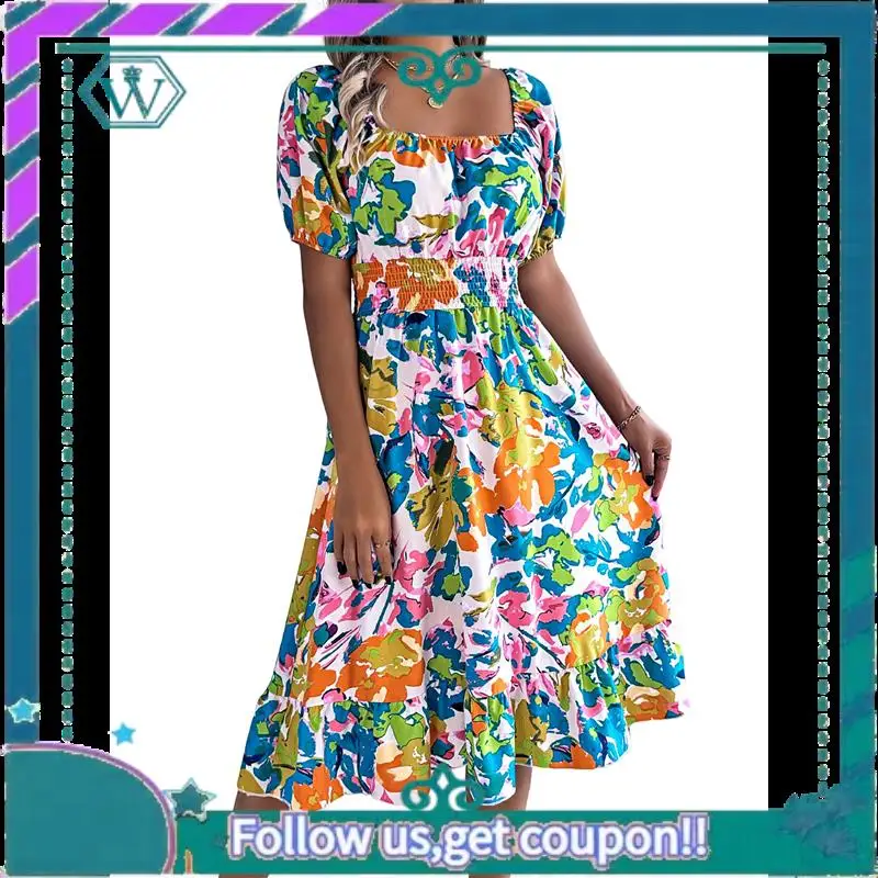 A09P Abiti casual estivi da donna 2025 Primavera Manica a sbuffo Collo quadrato A-Line Flowy Boho Abito longuette smock floreale