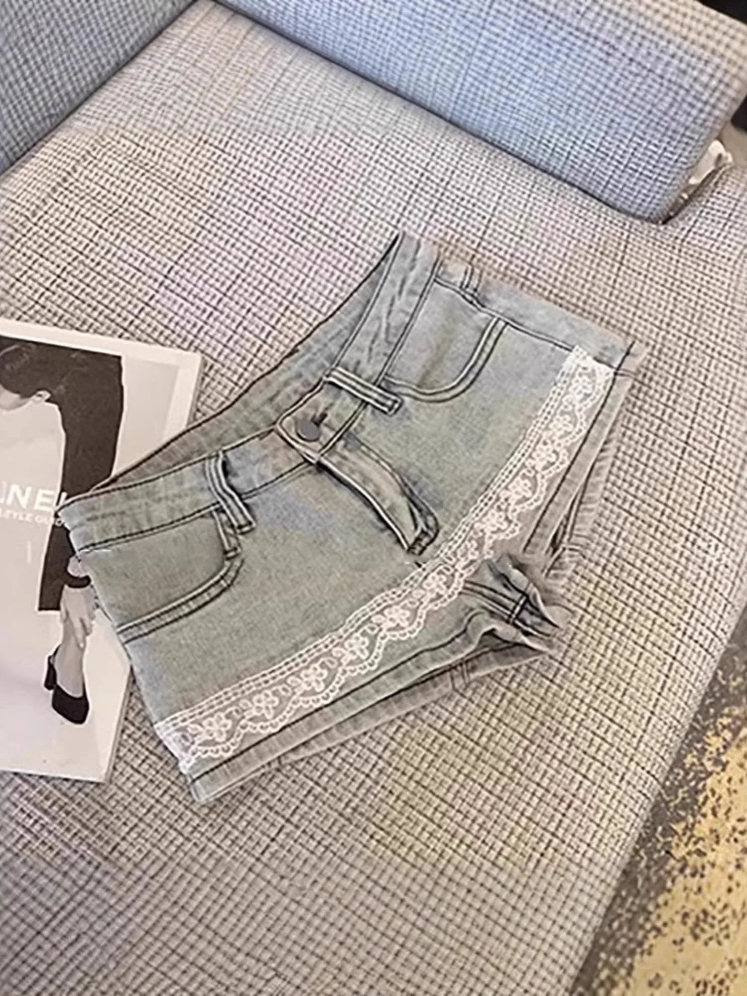 

Light Wash Denim Ultra Short Shorts Women Lace Trim Raw Hem High Waist Jean Shorts Solid A-Line Summer Beach Hot Pants