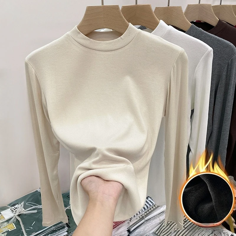 Autumn Winter Basic High Quality Cotton T-shirt Elegant Slim Fleece-lined Tops Women's Turtleneck Long Sleeve Thick T Shirts