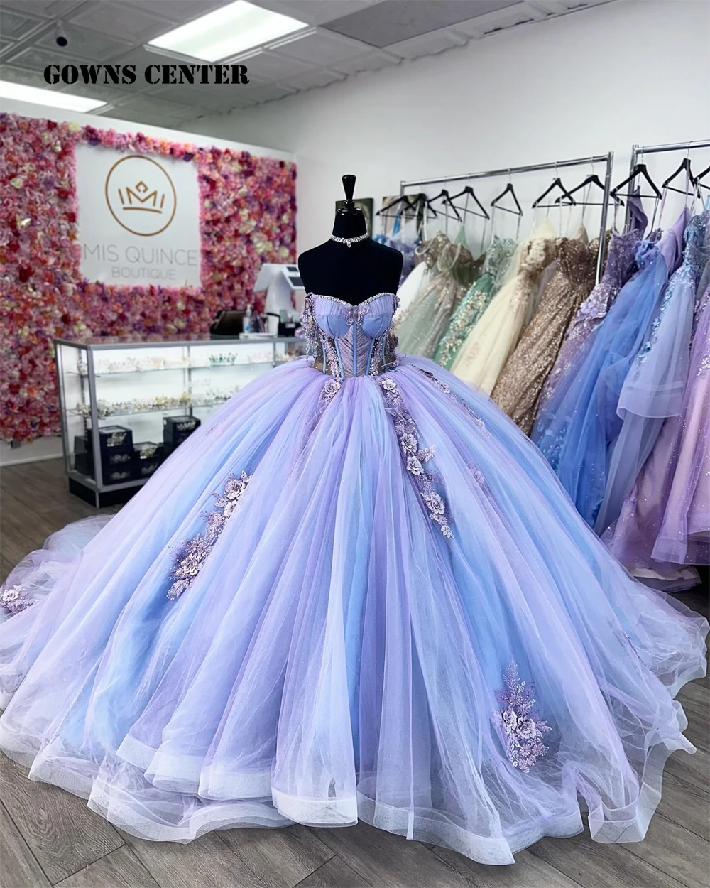 Lichtpaarse en blauwe Quinceanera-jurken Kralen Kristallen Kant Applicaties Baljurk Uit de schouder vestidos de 15 quinceañera