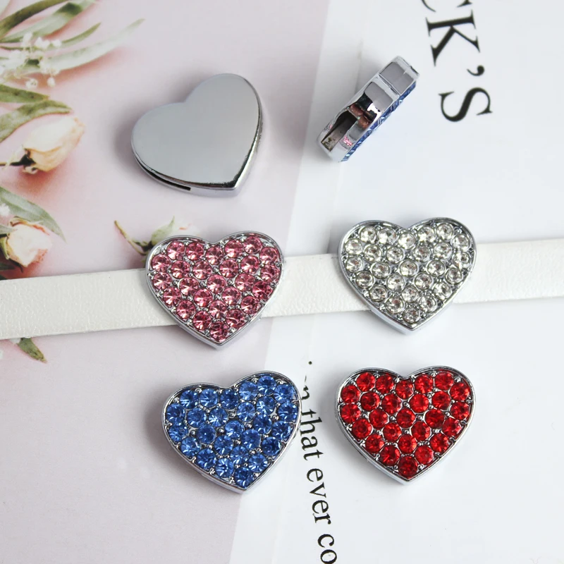 10PC/lot Hole 8MM Full Rhinestones Heart Slide Charm clear pink red blue crystal diy charms Fit For Bracelet Jewelrys Making