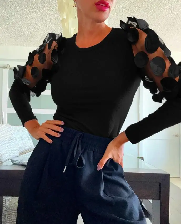 

Woman Blouse 2025 Spring New Solid Color Shoulder 3D Sheer Flower Patch Long Sleeve Knit Shirt Round Neck Casual Slim Fit Top
