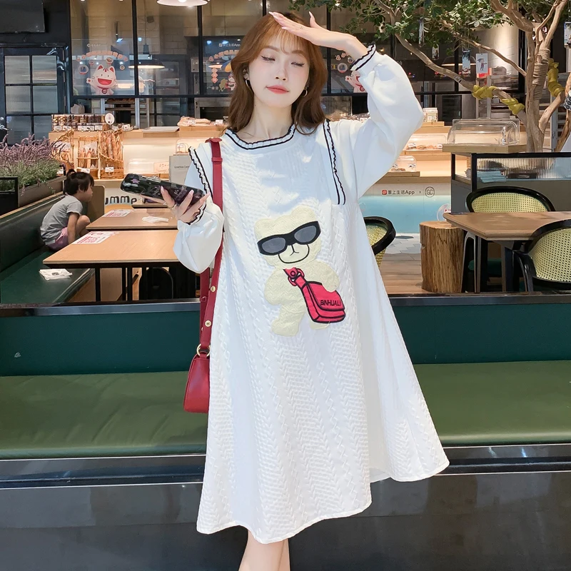 Autumn and Winter Sweet Pregnant Women's White Dobby Dress Ruffles Patchwork Long Lantern Sleeve Maternity A-Line Dress Sweet