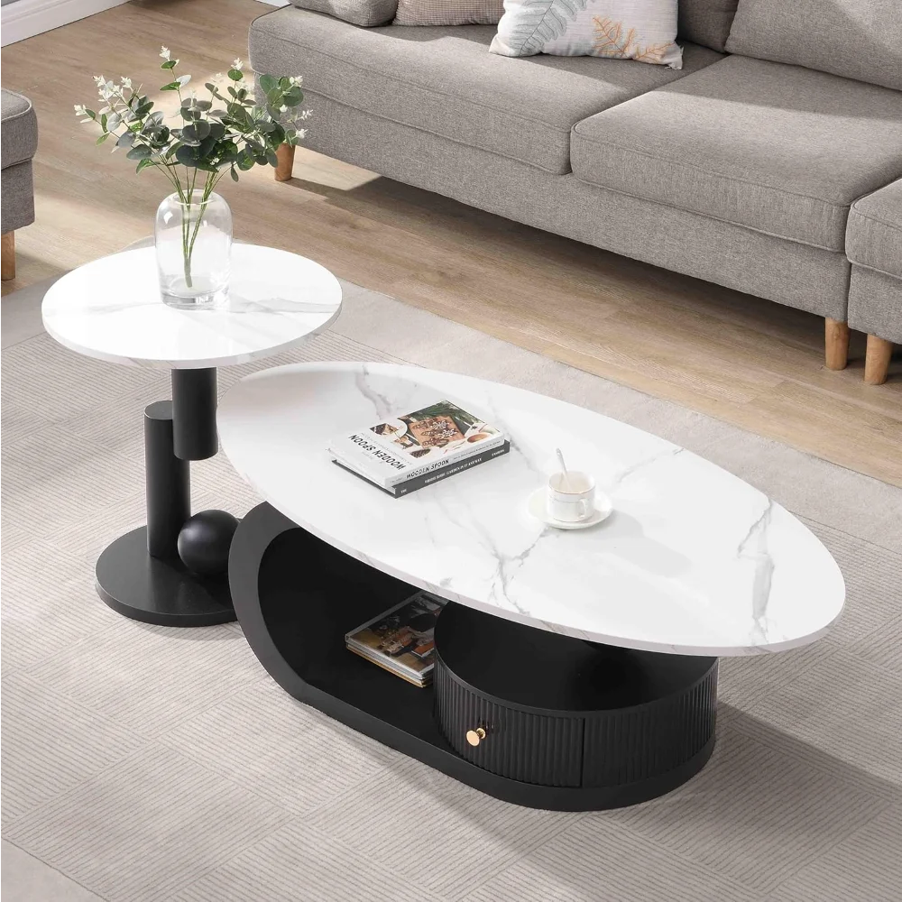 Modern 2-Piece Nesting Coffee Table Set - White Faux Marble Oval + Black Round Tables with Storage Drawer