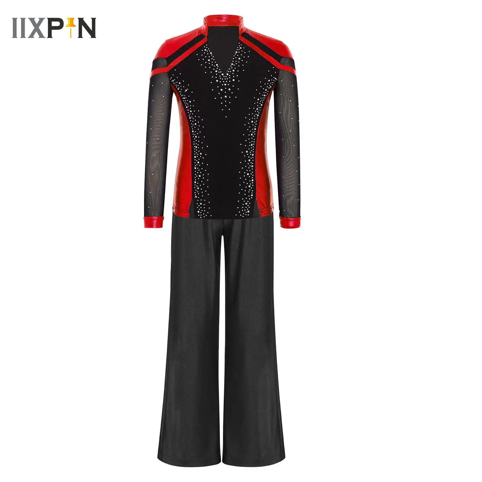 

Glitter Rhinestones Figure Ice Skating Dance Outfit Kids Boys Long Sleeve Top Pants Suit for Gymnastics Ballet Dance Competition