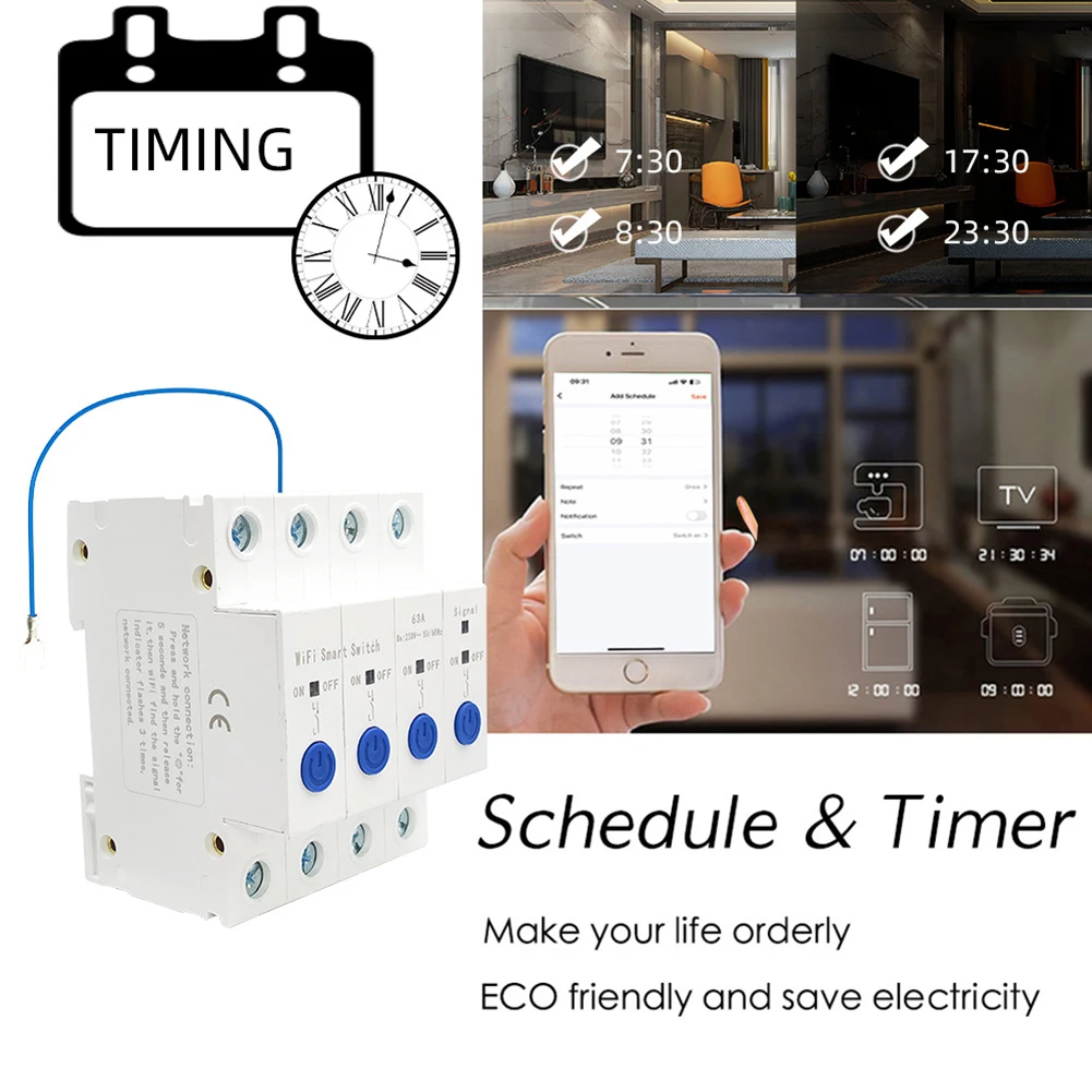 WiFi Smart Switch 4 Channel For Ewelink for Compatible AC90-280V 63A DIN Rail Mount 2.4GHz Remote Control 72x49x90mm