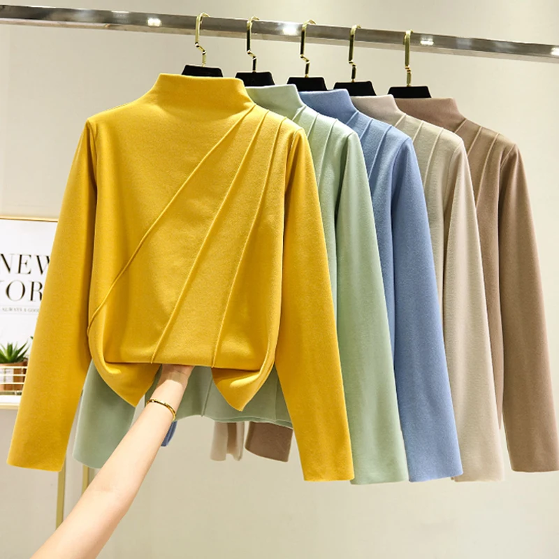 

Шикарная однотонная теплая основа размера плюс, женская модный дизайн, высокий воротник, осенняя одежда, пять сезонов, домашний большой код