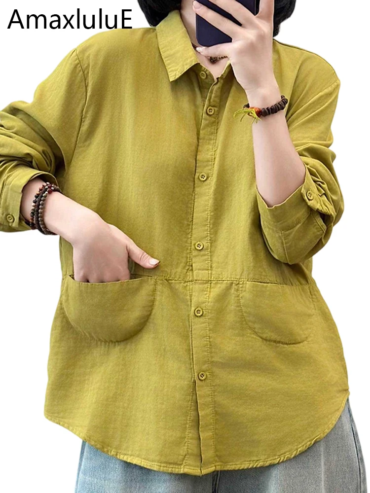 

Amax LuluE 2025 Korean Fashion Casual Tops Womens Autumn Loose Elegant Shirts Ladies Classic Luxury Cotton Long Sleeve Blouses
