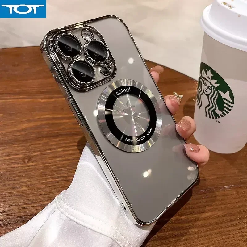 

Luxury Plating Transparent Magnetic Case For iPhone 15 14 13 12 11 Pro Max Plus Phone Cases For MagSafe Wireless Charge Cover