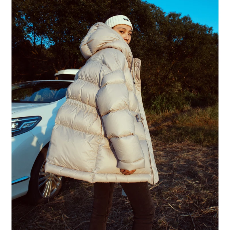 Hooded Women Down Jackets Solid Fluffy Thick Warm Female Down Coat Drawstring Belt Casual Commute Puffer Jacket