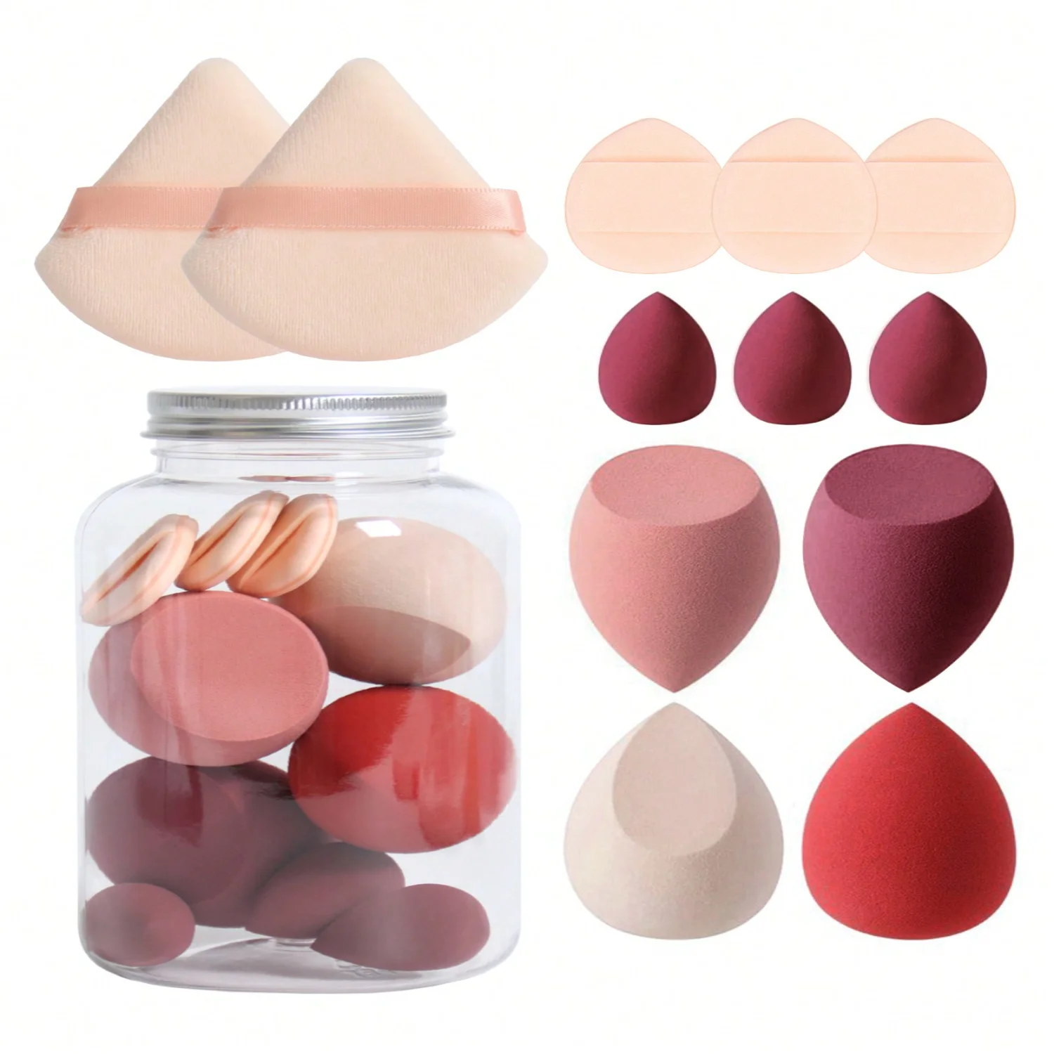 Makeup Sponge 12pcs/set. Includes 2 Triangle Loose Powder Puffs, 4 Beauty Eggs, 3 Mini Beauty Eggs, 3 Mini Finger Air Cushion Pu