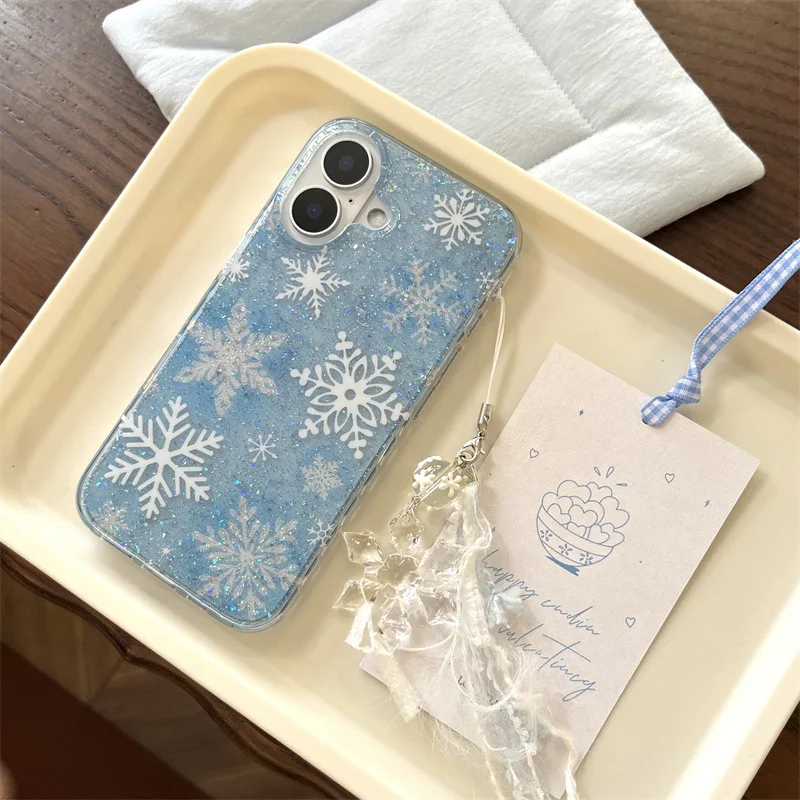 Winter snowflake shimmer glitter Transparent pendant Phone case For iPhone 16 15 14 13 Pro Max Case Cute Luxury Cartoon Cover