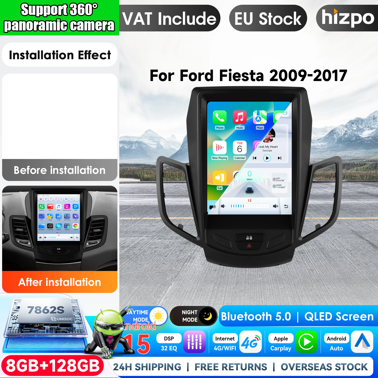 Image of Hizpo 9,7 Zoll Tesla-Style Autoradio für Ford Fiesta 2009-2017 mit werkseitigem SYNC Android Auto 4G Wireless Carplay DSP Multimedia Player 2Din Stereo Autoradio Navigation GPS Auto AI Intelligente