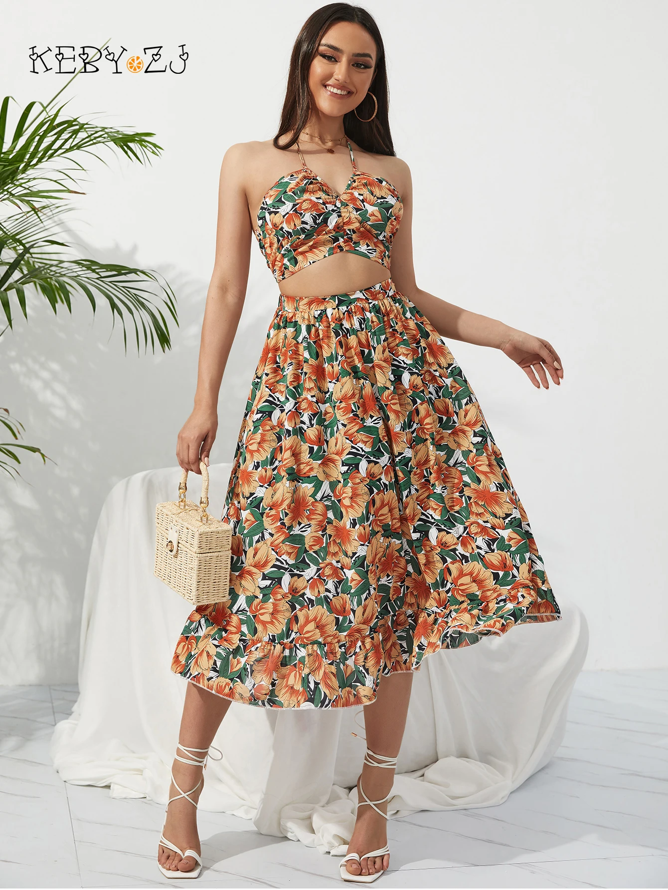 KEBY ZJ Summer Boho Bikini Set Dress Chic Women Elastic Waist Two Pieces Skirt with Female Beach Holiday Floral Print Midi Sets