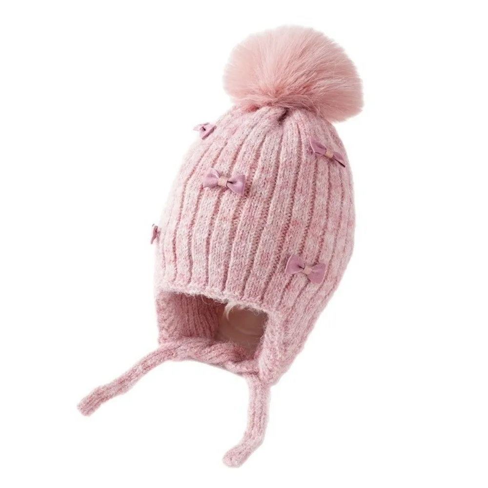 لطيف Pompom الانحناء الأطفال الشتاء قبعة رشاقته آذان حماية الاطفال بونيه قبعة الصوف مبطن آذان حماية قبعة الشتاء