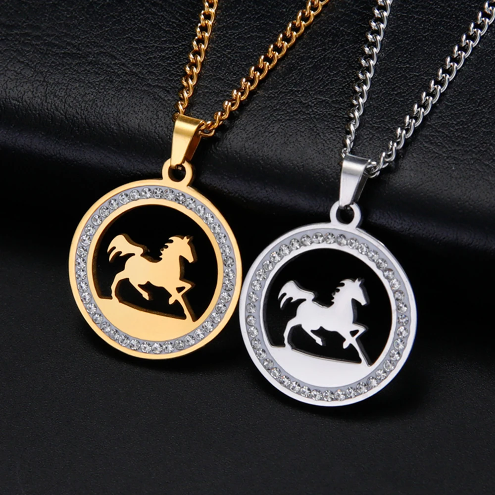 My Shape Running Horse Pendants Necklace Stainless Steel Rhinestone Pendant Necklaces Choker Chain Horse Lover Christmas Jewelry