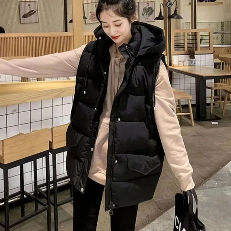 2023New Long Vest Coat Women clothes Fashion Warm Sleeveless Parkas Hooded Solid Top Loose Female Waistcoat Casual Outerwear 4XL