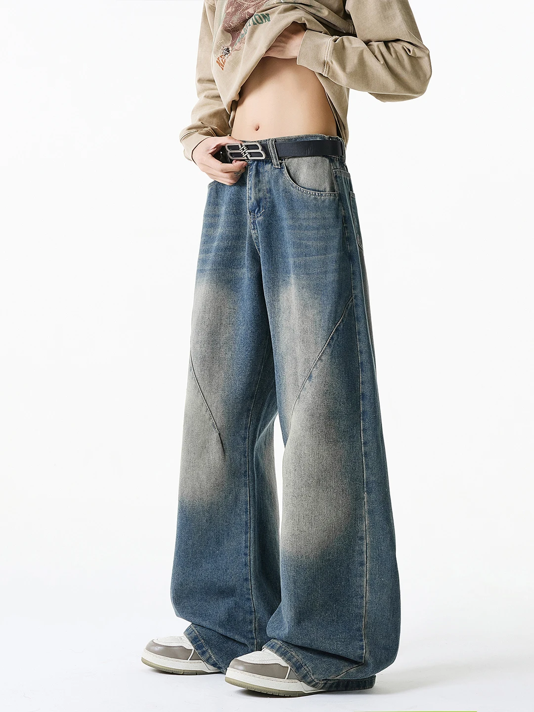 

Мужские джинсы в американском ретро-стиле, с эффектом деconstruction, на подкладке, прямые, повседневные, зимние, свободного кроя, широкие штанины