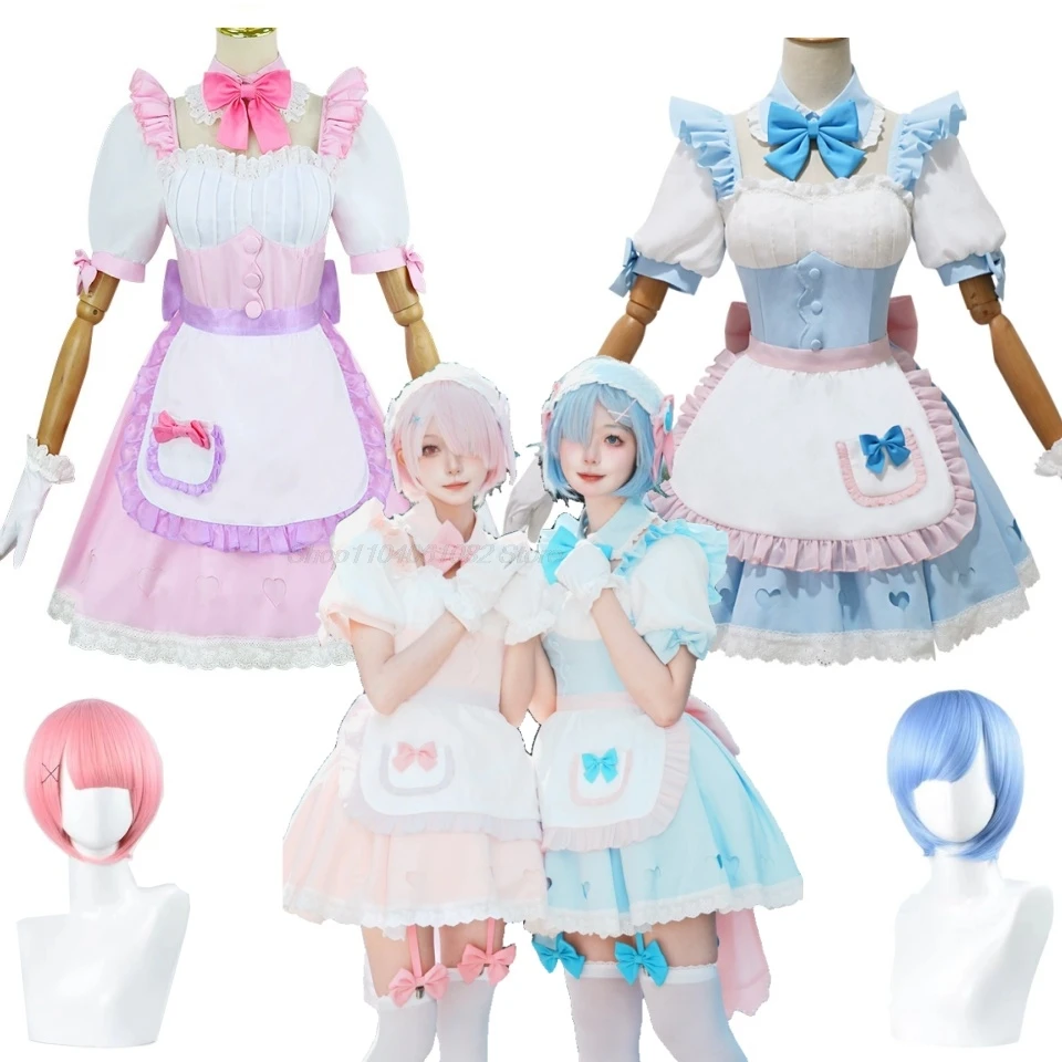 Anime Re:life In A Different World From Zero Ram Rem Maid Dress Pink Lolita Cosplay Costume Wig Party Uniform Hallowen Play Role