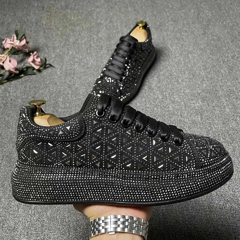 

men luxury fashion punk hip hop dress rhinestone shoes black silver lace-up studded shoe flats platform sneakers trendy footwear