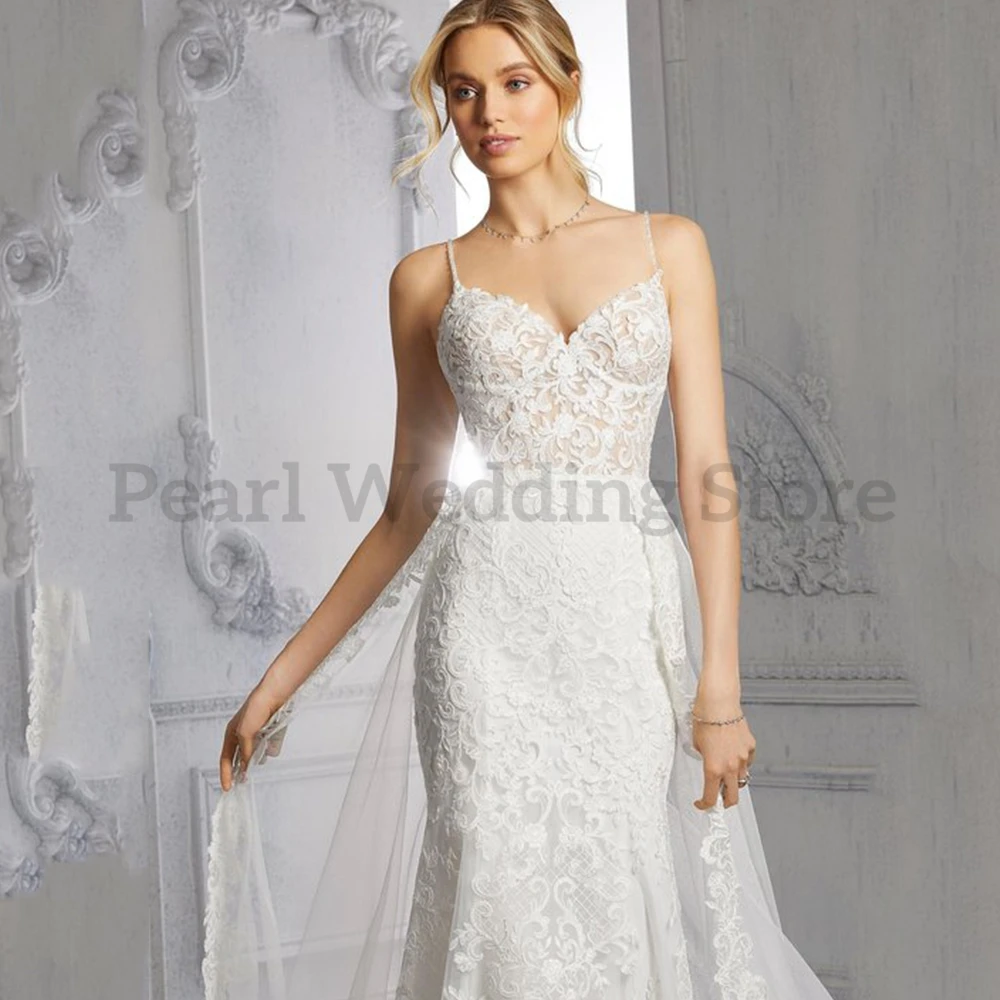 Elegante abito da sposa con scollo a v senza spalline doppia spalla Sexy aperto indietro Illusion Appliques sirena con abito da treno trasparente