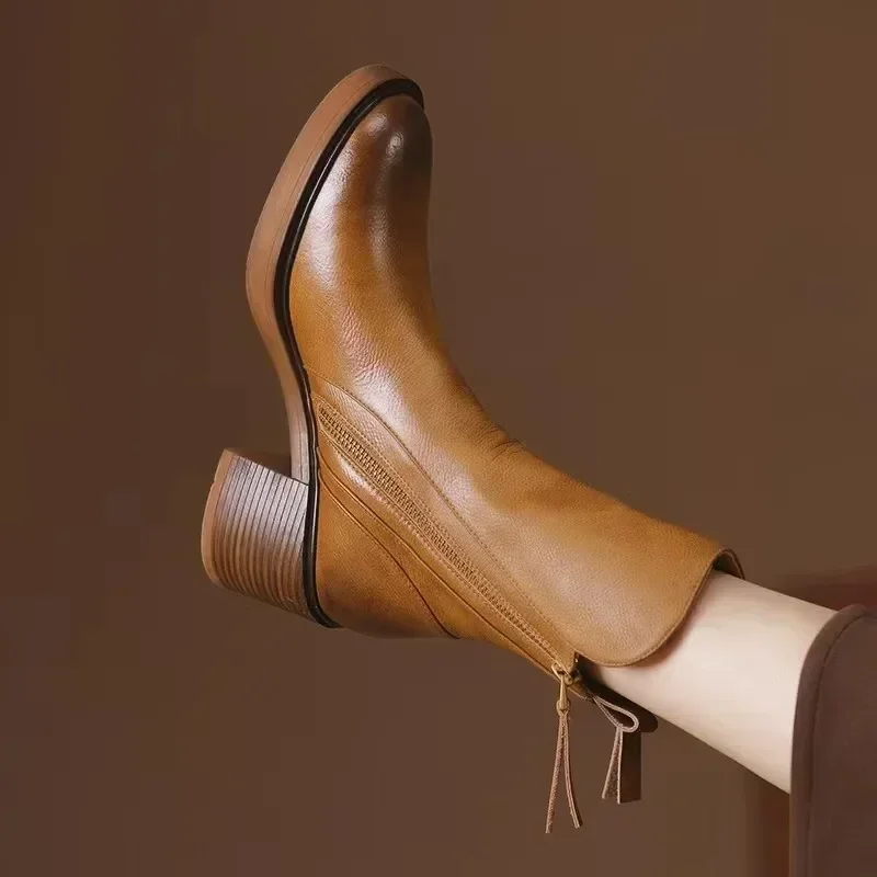 2024 New Versatile Style Retro Ankle Boots High Heels Women Fashion Boot Rubber Leather Autumn Winter New Women\'s Shoes 34