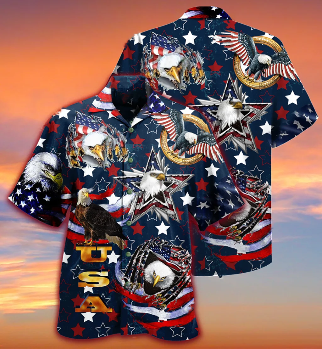 

New Men's Shirt USA Eagle Print Short Sleeve Cuban Shirt Plus Size 3D Print Summer Holiday Hawaii ButtonTops for Men And Women