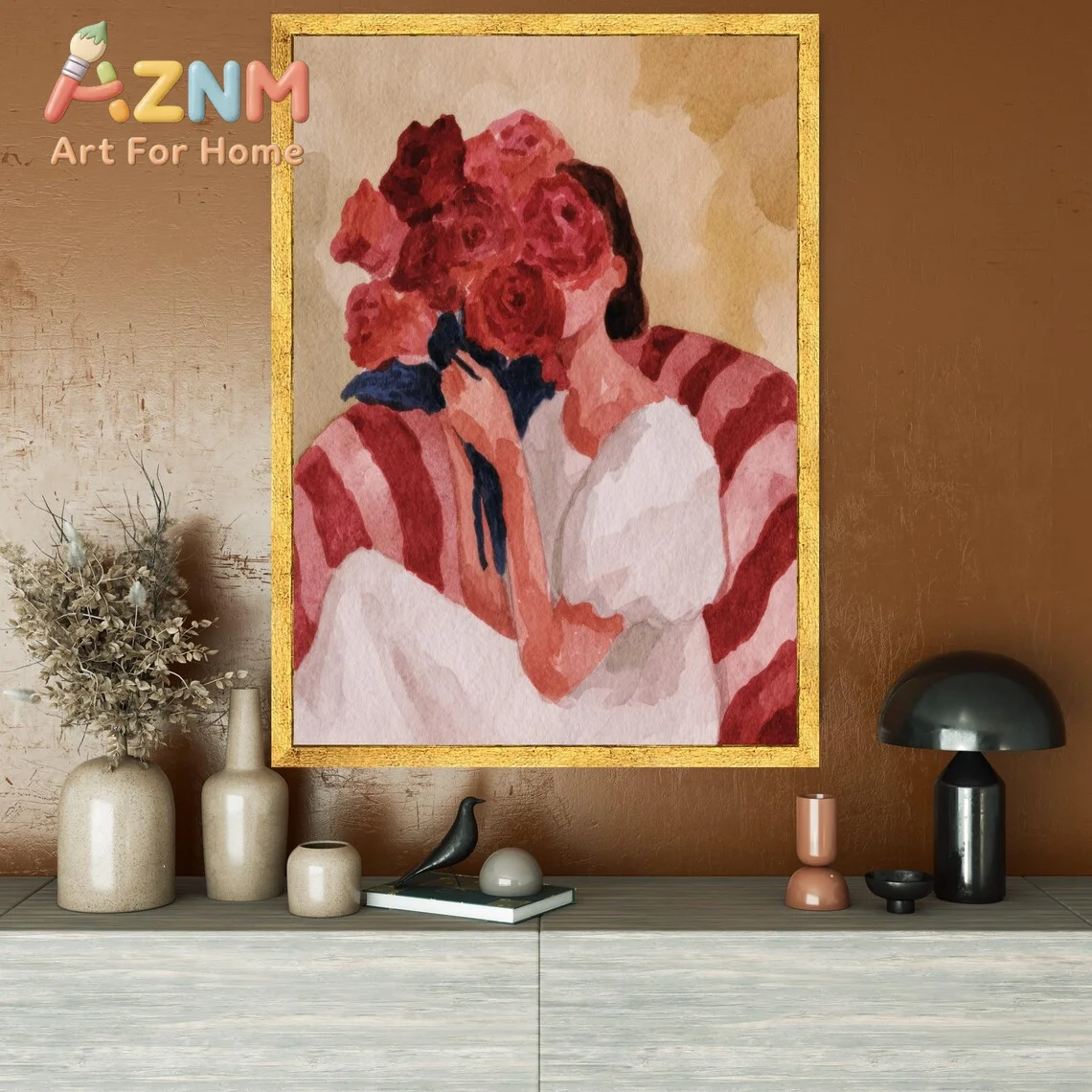 Cozy Floral Bouquet Canvas, Woman Holding Flowers, Soft Minimal Wall Art, Romantic Home Decor, Floral Print Canvas