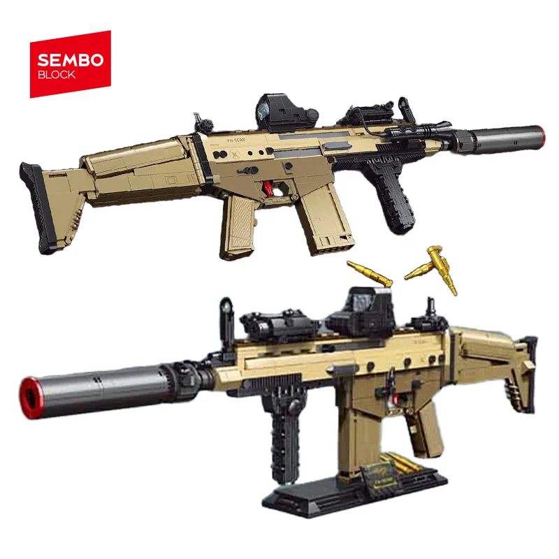 SEMBO BLOCK Cool FN-SCAR Assault Rifle Assembly Building Blocks MOC Gun Models Collectible Ornaments DIY Birthday/ Holiday Gifts
