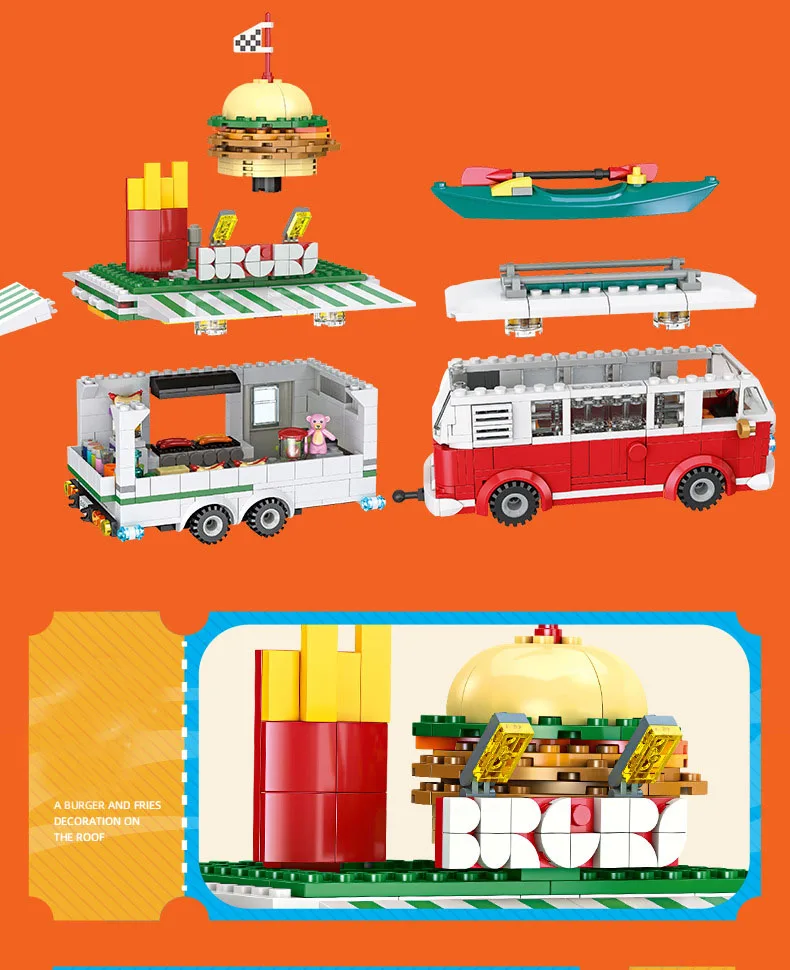 City Street Mobile Joint Burger Truck Block with Light DIY Building Brick Christmas Toy For Kids