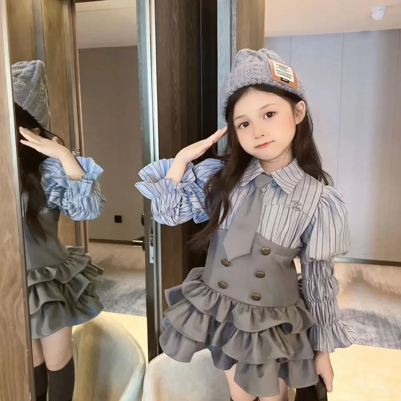 Kids Girl Spring Autumn Cake Dress Elegant Puff Sleeve Stripe School Uniform  Princess Grey Girls Gentlewoman Children Clothes