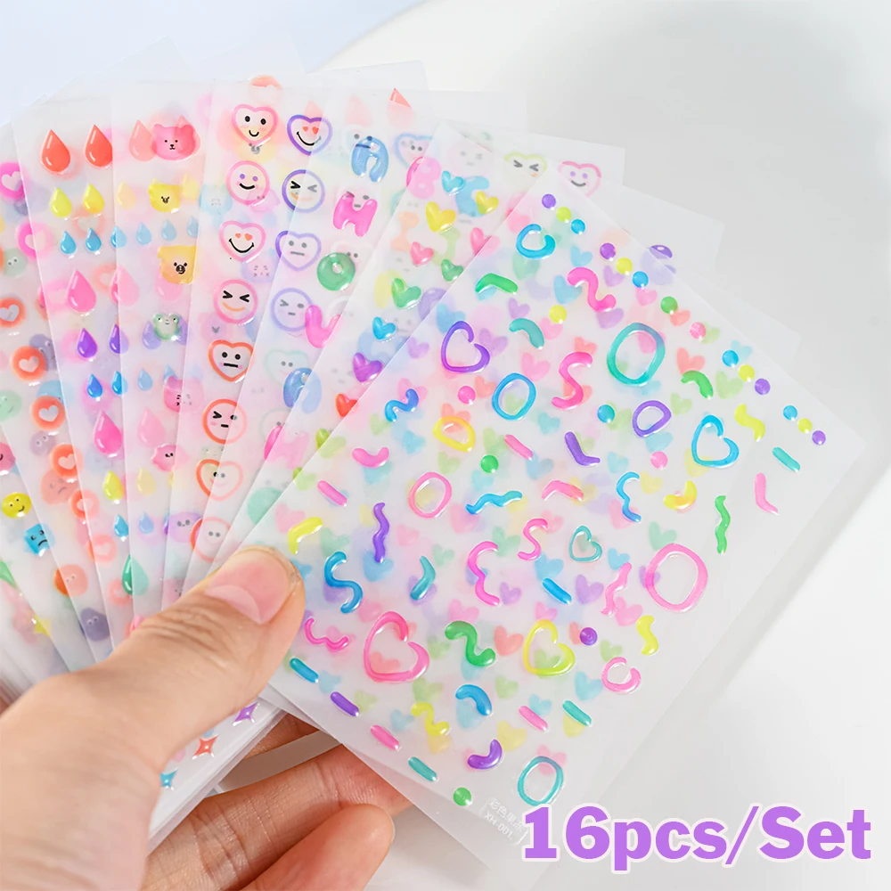 16pcs/Set 5D Colorful Graffiti Jelly Nail Stickers Line Flower Love Heart Jelly Design Adhesive Nail Sticker Manicure Decoration