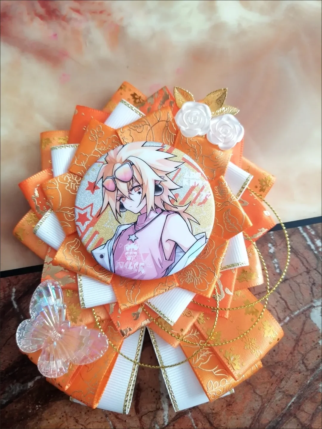 Luxury Ita Bag Accessories，Orange Badges Holder Base Tray，Ribbon Badge Rosette ，Handmade Anime cosplay Crafts，Lolita gate