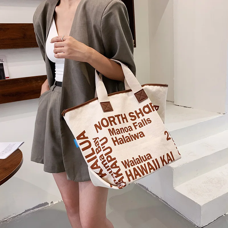 Hot Sell Women\'s Letter Print Canvas Shoulder Bag Storage Handbag Female Trendy Large Capacity Simple Literature Art Tote