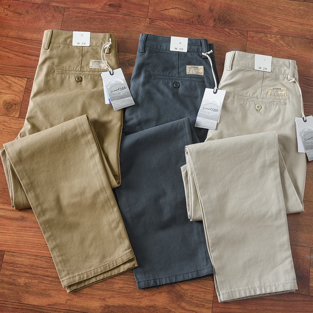 2024 Spring and Autumn New American Retro Heavyweight Woven Twill Casual Pants Men\'s Simple 100% Cotton Washed Straight Trousers