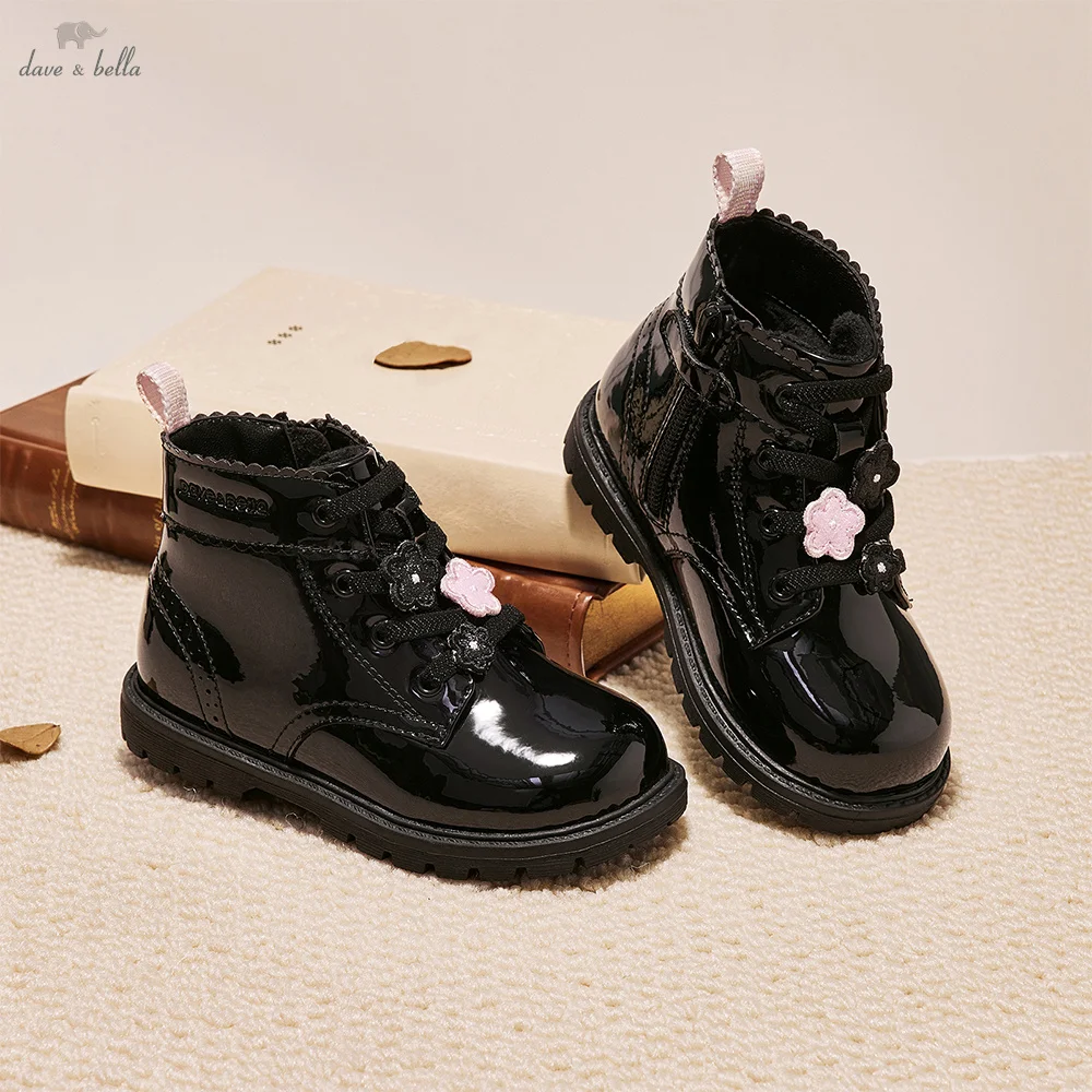 Dave Bella Winter Children's Short Leather Boots Fashion Casual Girls' Black Anti Slip Shoes Comfortable Outdoor Warm DB4254473