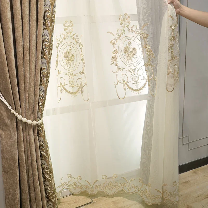 European Style Curtain for Living Dining Room Bedroom Curtains Luxury Modern Chenille  Embroidered Coffee Cloth Custom Curtain