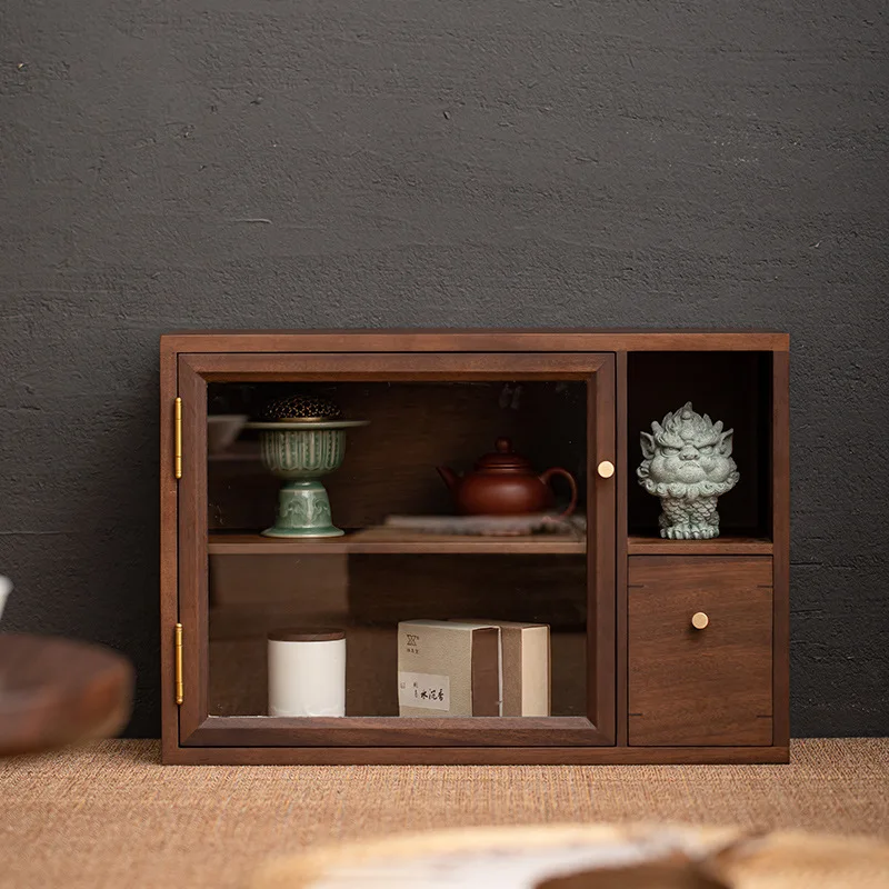 

Walnut desktop small storage cabinet locker solid wood household tea room tea set tea can dust cabinet locker