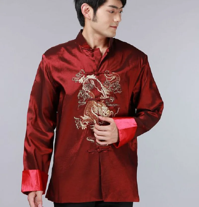 Wholesale New Chinese Style Men Silk Satin Jacket Embroidered Dragon Tang Suit Casual Long Sleeve Coat Slim Jackets Size S-XXXL