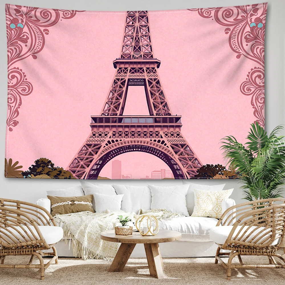 Pink Eiffel Tower Paisley Printed Tapestry Wall Hanging Bohemian Style Bedroom Home Decor