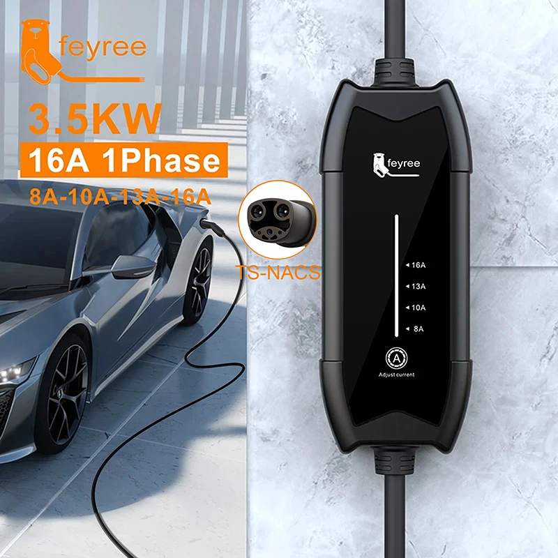 Feyree 3.5kW 16A 1Phase Adjustable Current Portable EV Charger Fast Charging with TS-NACS Charger Plug Compatible for Tesla Cars