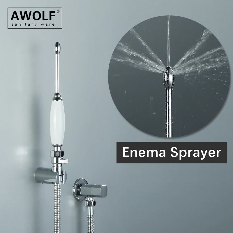 

Awolf Chrome Anal Enema Sprayer Solid Brass Toilet Bidet System Handheld Hygienic Shower Head Shattaf Set AP2353